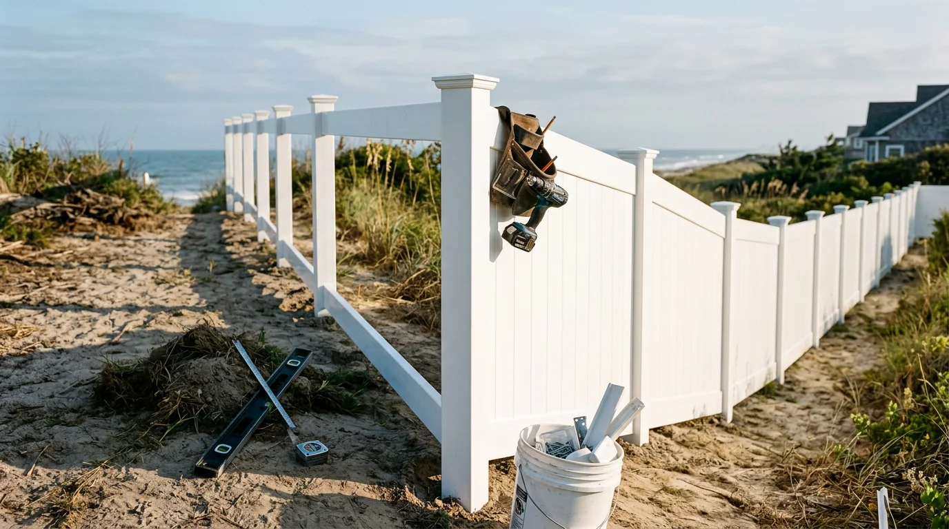 A white vinyl privacy fence installed along the backyard of a coastal home in Ocean Isle Beach, NC, with a clean finished gate and green lawn visible on a sunny day.