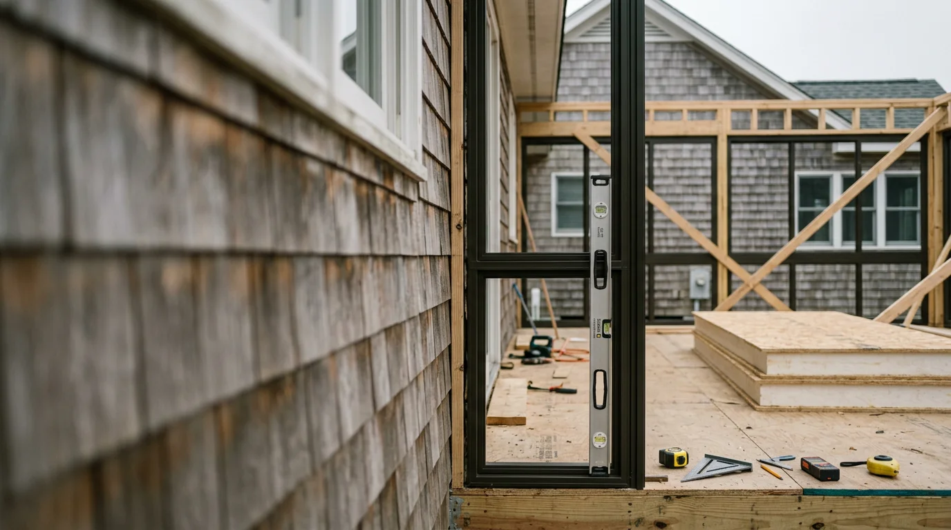 A finished four-season room addition on a residential home near Ocean Isle Beach, NC, featuring dual-pane glass walls, an insulated roof, and a clear view of the coastal backyard. The enclosed room is furnished as a year-round living space with natural light filling the interior.