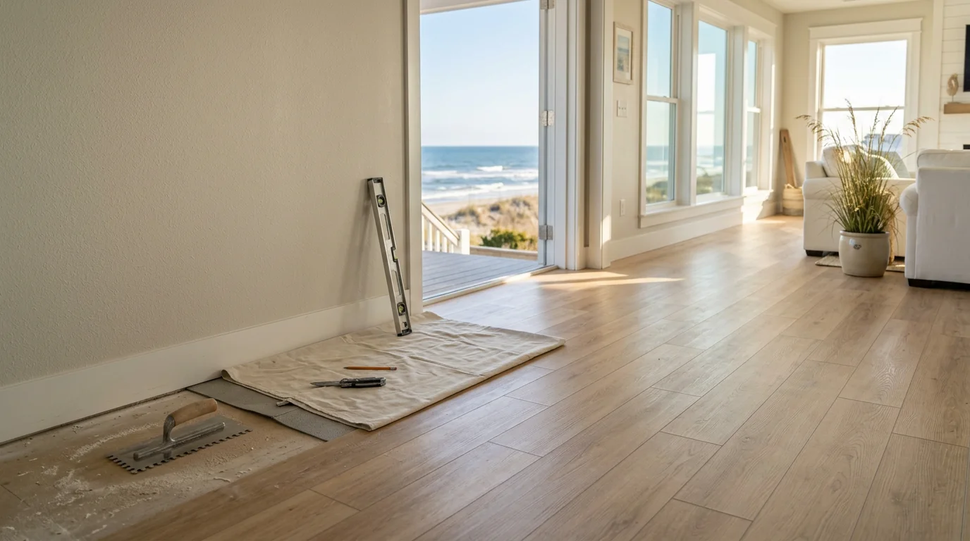 Freshly installed luxury vinyl plank flooring in a coastal home near Ocean Isle Beach, NC, showing a wood-look finish in an open living area. The floor runs continuously from the main living space toward a bright coastal-facing window.