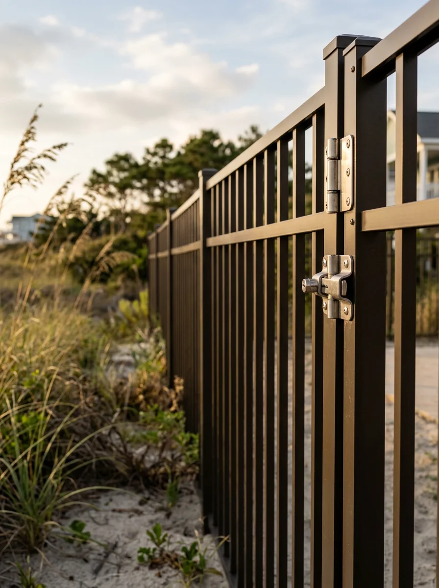 Close-up of a powder-coated aluminum pool fence on an Ocean Isle Beach property, showing corrosion-resistant hardware and open picket design.