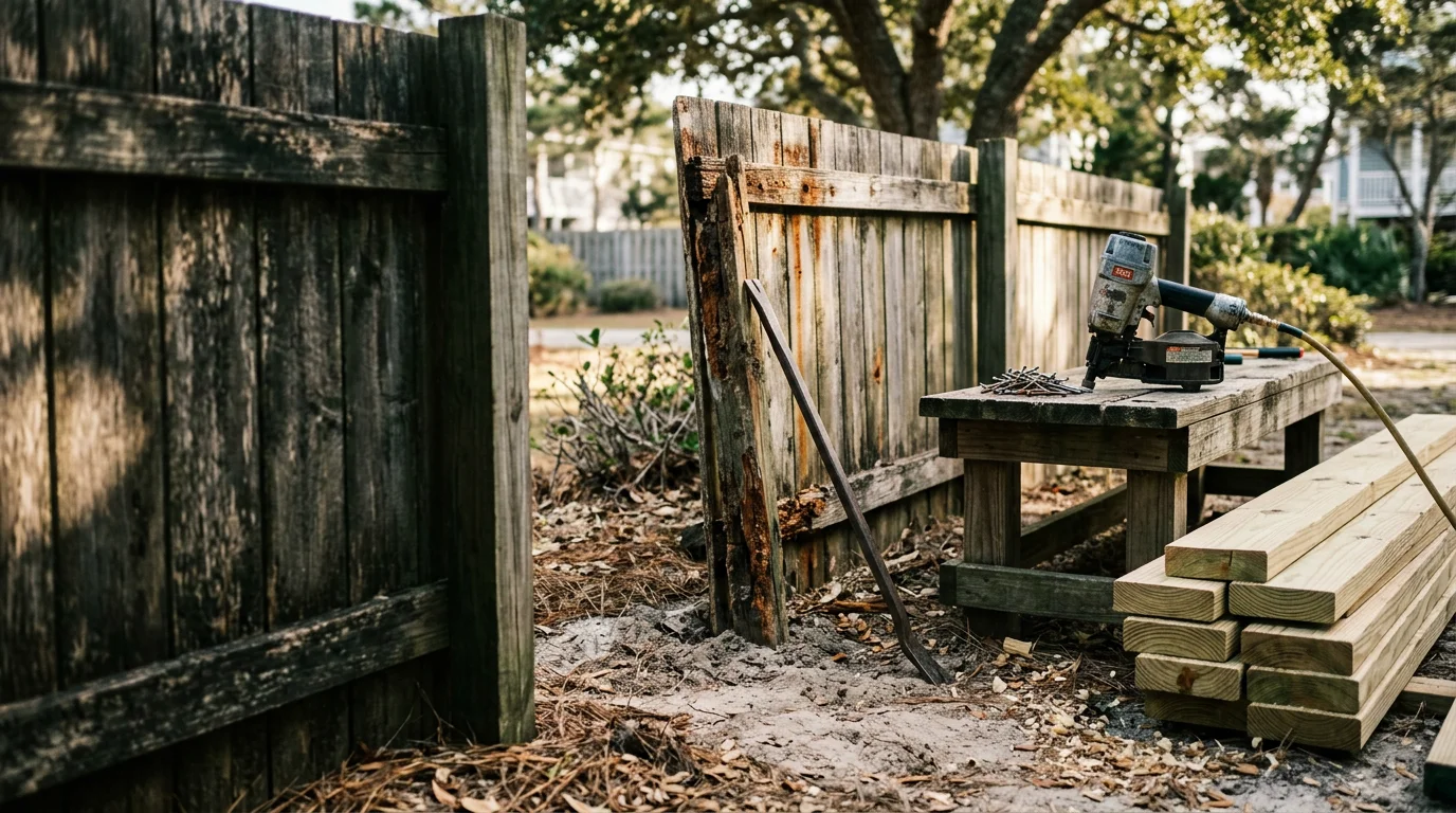 A repaired wooden fence panel along a residential property in Ocean Isle Beach, NC, with straight posts and aligned pickets showing completed storm damage repair. Coastal vegetation and a clear blue sky are visible in the background.