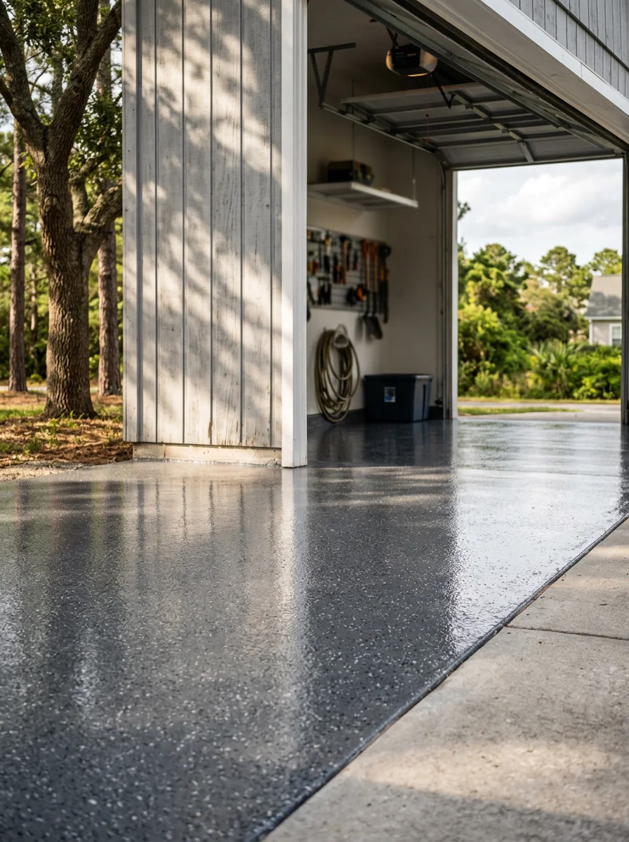 Poly aspartic floor coating applied to a two-car garage slab in a Leland, NC home, showing a smooth, high-gloss finish.