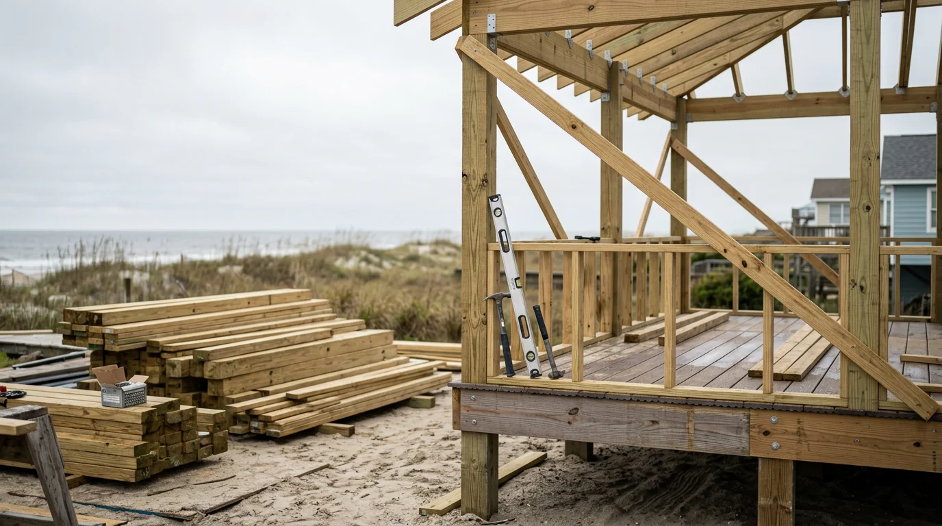 A newly constructed screened porch on a coastal home in Ocean Isle Beach, NC, with painted wood framing and views of a landscaped backyard. The porch structure shows clean corner joinery and a covered roof line suited for Brunswick County coastal conditions.